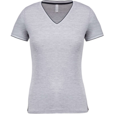 KARIBAN Női V-nyakú piké póló, csíkos szélekkel, Kariban KA394, Oxford Grey/Navy/White-S