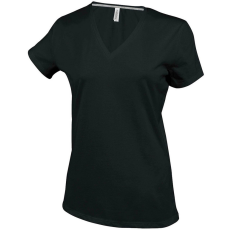 KARIBAN Női V-nyakú rövid ujjú pamut póló, Kariban KA381, Black-XL