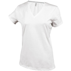 KARIBAN Női V-nyakú rövid ujjú pamut póló, Kariban KA381, White-XL