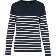 KARIBAN Női vállon gombolós csíkos pulóver, Kariban KA990, Striped Navy/Off White-S női pulóver, kardigán