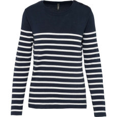 KARIBAN Női vállon gombolós csíkos pulóver, Kariban KA990, Striped Navy/Off White-XS