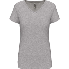 KARIBAN rövid ujjú Női V-nyakú sztreccs póló KA3015, Light Grey Heather-S