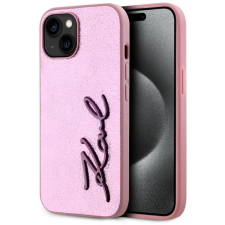 Karl Lagerfeld Wrinkled Signature Logo iPhone 15 rózsaszín PU tok (KLHCP15SPFMFBKMP) tok és táska