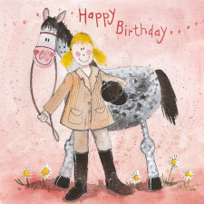 Képeslap Alex Clark borítékkal, 14x14 cm, Lány lóval HBD képeslap