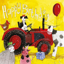 Képeslap Alex Clark borítékkal, 14x14 cm, traktor állatokkal HBD képeslap