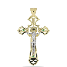  Kereszt Sárga és Fehér Arannyal Bevont Ezüst Medál Brazil Smaragddal, Y59828 medál
