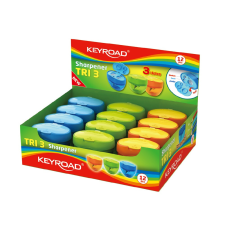 KeyRoad Hegyező 3 lyukú tartályos, fedeles 12 db/display Keyroad Tris vegyes színek hegyező