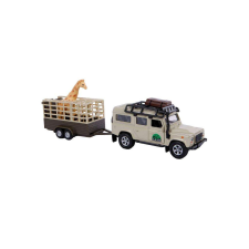 Kids Globe - Land Rover öntvényből, zsiráfot tartalmazó ketreces utánfutóval, 29 cm autópálya és játékautó
