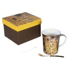 Klimt porcelán bögre kanállal - 350 ml - The Kiss fekete hátterű ajándéktárgy