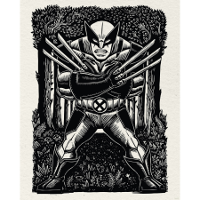 Komar Marvel Wolverine Lino-Cut falikép 40 cm x 50 cm fekete-fehér grafika, keretezett kép
