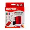 KORES Tábla- és flipchart marker készlet mágneses táblatörlő szivaccsal, 1-3 mm, kúpos Kores, 4 különböző szín, 4 db/készlet (IK20863)