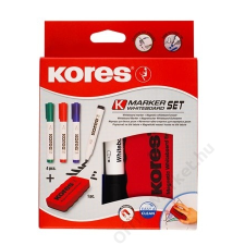 KORES Tábla- és flipchart marker készlet mágneses táblatörlő szivaccsal, 1-3 mm, kúpos KORES, 4 különböző szín (IK20863) filctoll, marker