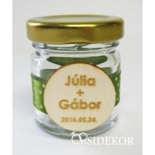  Köszönetajándék üvegcse fa dísszel és pöttyös szalaggal dekorációs kellék