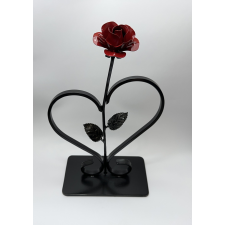  Kovácsoltvas rózsa szívben - talpazattal - VÖRÖS/FEKETE ajándéktárgy