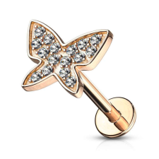 Labret pillangós fejjel, belső menettel (rosegold színű) testékszer