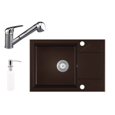 Laneo Adria 63-435BR Gránit Mosogató + Kihúzható Shower Csaptelep + Adagoló (sötétbarna) csaptelep