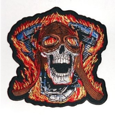  Lángoló V-blokk pilótasapkás koponyával hátfelvarró, nagyméretű ajándéktárgy