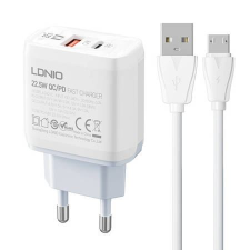 LDNIO A2421C USB-A + USB-C 22.5W hálózati töltő + USB-C - MicroUSB kábel fehér (A2421C Micro) mobiltelefon kellék