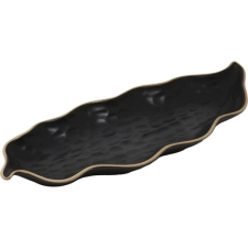 LE COQ Porcelaine Levél alakú sekély tányér, Le COQ Kypseli 34,5x13 cm, fekete tányér és evőeszköz