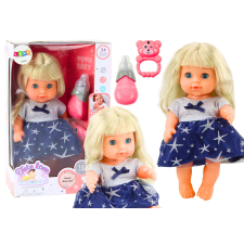 Lean Toys Interaktív sötétkék ruhás csecsemő baba kiegészítőkkel, 28 cm baba