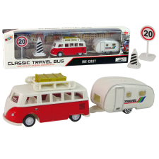Lean Toys Piros busz Camping Trailer járműkészlettel autópálya és játékautó