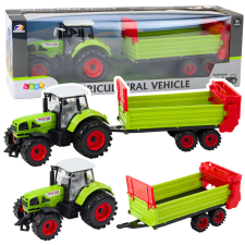 Lean Toys Traktor pótkocsival, dörzshajtással, nyitható motorháztetővel, ajtókkal, zöld autópálya és játékautó