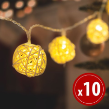  LED fényfüzér - rattan labdák - 10 LED - 1,35 m - melegfehér karácsonyfa izzósor