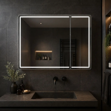  LED Tükör Szekrénnyel LENTO 80x70 cm Szürke – Kerületvilágítással és Érintésérzékelővel fürdőszoba bútor