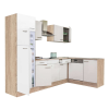 Leziter Yorki 280 sarok konyhablokk sonoma tölgy korpusz,selyemfényű fehér fronttal felülfagyasztós hűtős szekrénnyel