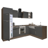Leziter Yorki 280 sarok konyhablokk yorki tölgy korpusz,selyemfényű antracit front alsó sütős elemmel felülfagyasztós hűtős szekrénnyel