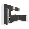 Leziter Yorki 310 sarok konyhablokk fehér korpusz,selyemfényű antracit fronttal felülfagyasztós hűtős szekrénnyel