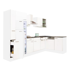 Leziter Yorki 310 sarok konyhablokk fehér korpusz,selyemfényű fehér fronttal felülfagyasztós hűtős szekrénnyel bútor