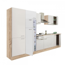Leziter Yorki 330 konyhablokk sonoma tölgy korpusz,selyemfényű fehér fronttal polcos szekrénnyel és felülfagyasztós hűtős szekrénnyel bútor