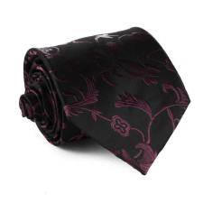  Lila virágmintás, fekete nyakkendő díszzsebkendővel nyakkendő