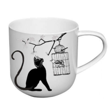 Macska kalitkás kismadárral porcelán bögre - 450 ml bögrék, csészék