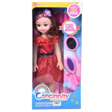 Magic Toys Divatbaba piros színű ruhában fésűvel és hang effektekkel 46cm baba