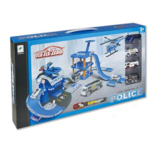Magic Toys Rendőrségi kék parkolóház autókkal és helikopter leszállóval autópálya és játékautó