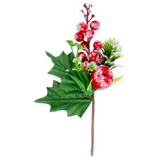  MagicHome karácsonyi ág, bogyókkal és almával, piros, fagy hatás, 22 cm karácsonyi dekoráció