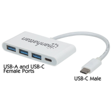 MANHATTAN USB HUB - Type-C-ről 3db USB 3.0-ra+1db USB Type-C, Power Delivery, Fehér hub és switch