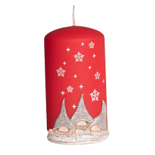  Manós piros törzsgyertya fehér manók mintával 130 mm magas gyertya