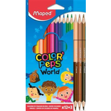 MAPED Színes ceruza készlet, háromszögletű, MAPED &quot;Color`Peps World&quot;, 12 különböző szín + 3 kétvé... színes ceruza