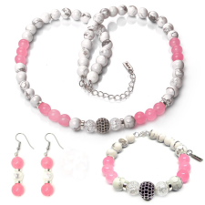 Marble Candy – Howlit, hegyikristály és jade exkluzív ásvány ékszerszett (nyaklánc + karkötő + fülbe ékszer szett