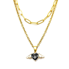 Maria King Dupla rozsdamentes acél nyaklánc arany színben, fekete kristály angyalszárnyas medállal nyaklánc