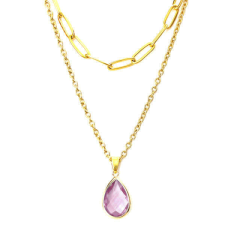 Maria King Dupla rozsdamentes acél nyaklánc arany színben, lila kristály csepp medállal nyaklánc