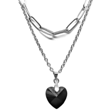 Maria King Dupla rozsdamentes acél nyaklánc ezüst színben, fekete kristály szív medállal nyaklánc