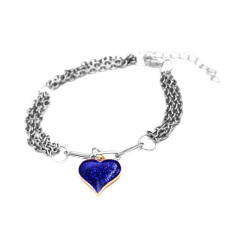 Maria King Háromsoros divat karkötő kék csillogó szív charmmal, ezüst színű karkötő