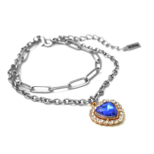 Maria King Kék kristály szív charmos rozsdamentes acél dupla karkötő, ezüst színű karkötő