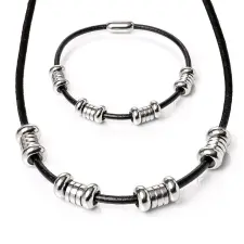  Maria King Mágnes záras bőr nyaklánc és karkötő ezüst színű nemesacél díszekkel, választható méretbe ékszer szett