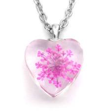 Maria King Pink virág szív üvegmedál, választható arany vagy ezüst színű acél lánccal vagy bőr lánccal nyaklánc