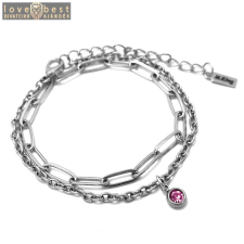 MariaKing 1 Pink kristályos charmos rozsdamentes acél dupla karkötő, ezüst színű karkötő